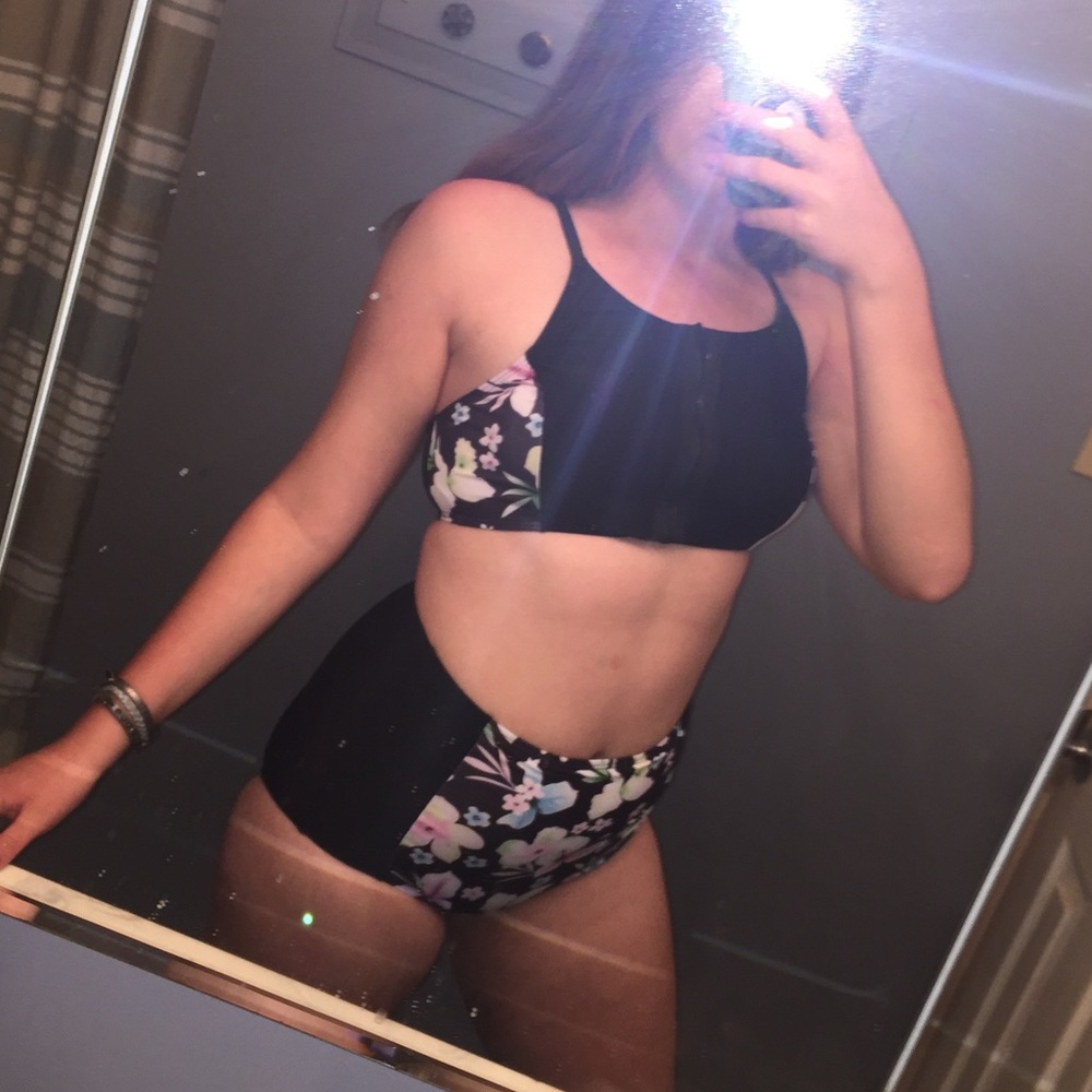 Black/Floral High Waisted Halter Neck Bikini Set